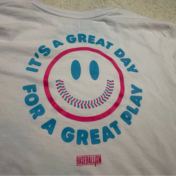 White Baseballism Great Day Graphic Tee with Blue and Pink Accents UNISEX - Picture 7 of 8